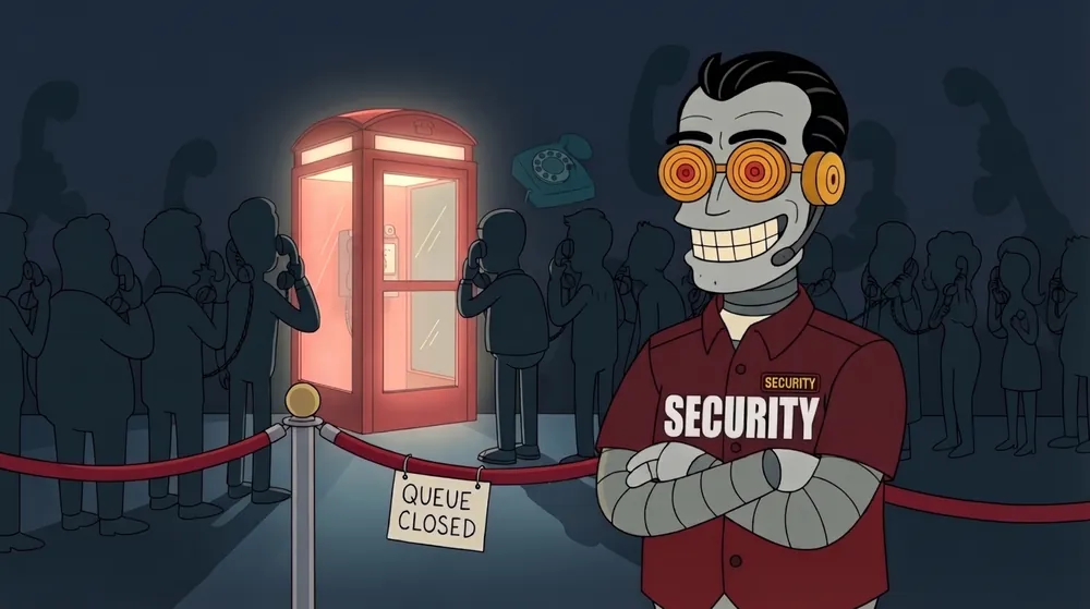 Tom Servo working security at a velvet rope: QUEUE CLOSED