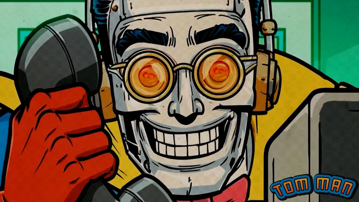 Tom Man, a comic-book robot hero with spiral goggles, on a payphone
